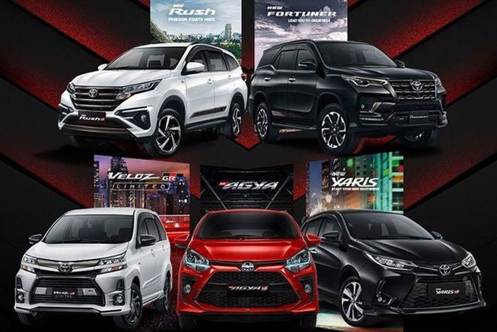 Berbagai seri Toyota GR Sport (dari kiri atas ke kiri bawah): Rush GR Sport, Fortuner GR Sport, Yaris GR Sport, Agya GR Sport, dan Veloz GR Limited. 