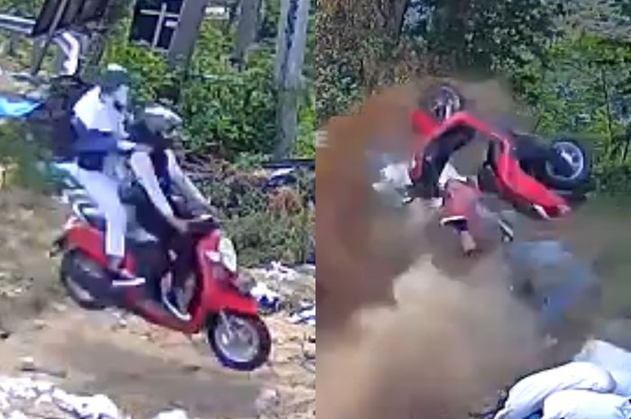 Honda Scoopy terjun sampai salto di jalur Cangar Pacet
