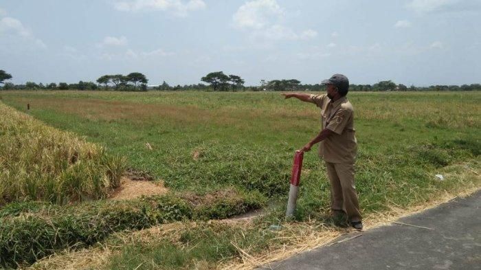 Seorang perangkat Desa Kahuman, Kecamatan Polanharjo, Kabupaten Klaten, Jawa Tengah saat menunjukan patok tol Yogyakarta-Solo yang melintasi desa itu, Senin (11/10/2021)