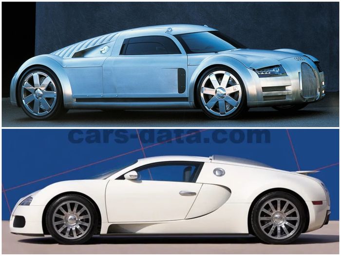 Perbandingan Audi Rosemeyer (atas) dan Bugatti Veyron (bawah).