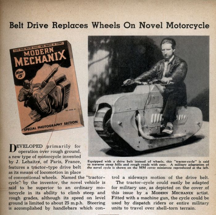 Foto Tractor-Cycle yang muncul di majalan Modern Mechanix pada Februari 1938 silam.