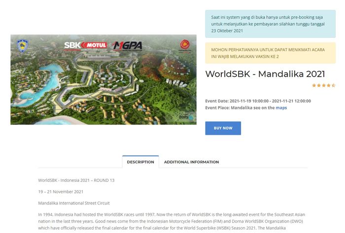 Tangkap layar website pemesanan tiket WorldSBK Indonesia 2021 lewat Dyandra.