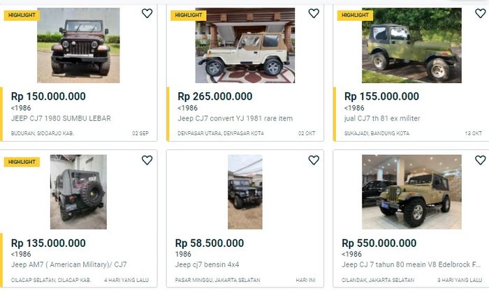 Harga mobil bekas Jeep CJ-7 di marketplace Tanah Air.