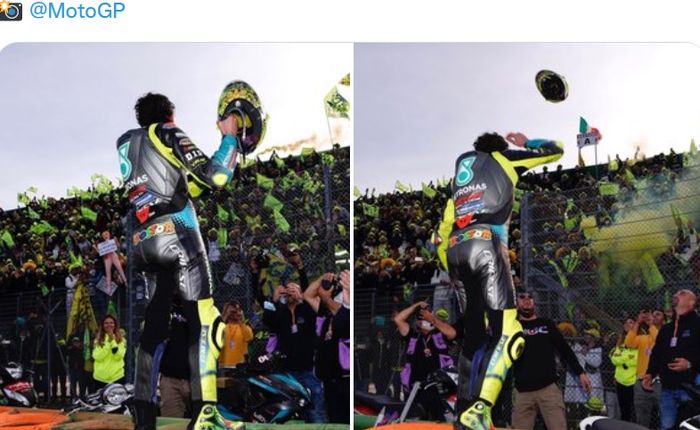 Kolase dari momen ketika pembalap Petronas Yamaha SRT, Valentino Rossi, melemparkan helmnya kepada penggemar setelah balapan MotoGP Emilia Romagna di Sirkuit Misano, Italia, 24 Oktober 2021.