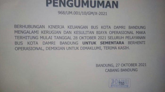 Pengumuman penghentian sementara operasional Bus DAMRI kota Bandung
