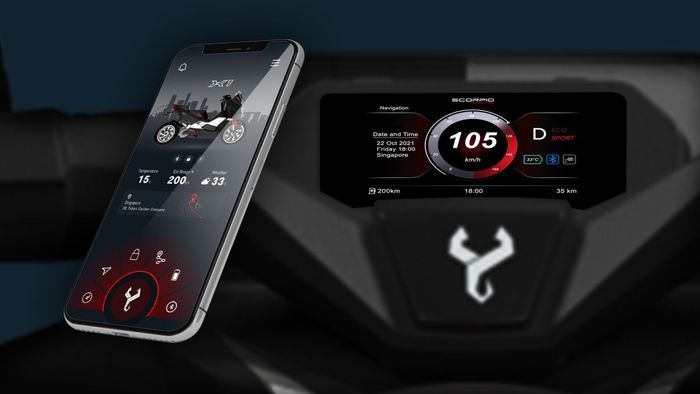 Panel instrumen motor listrik Scorpio X1 punya fitur konektivitas ke smartphone.
