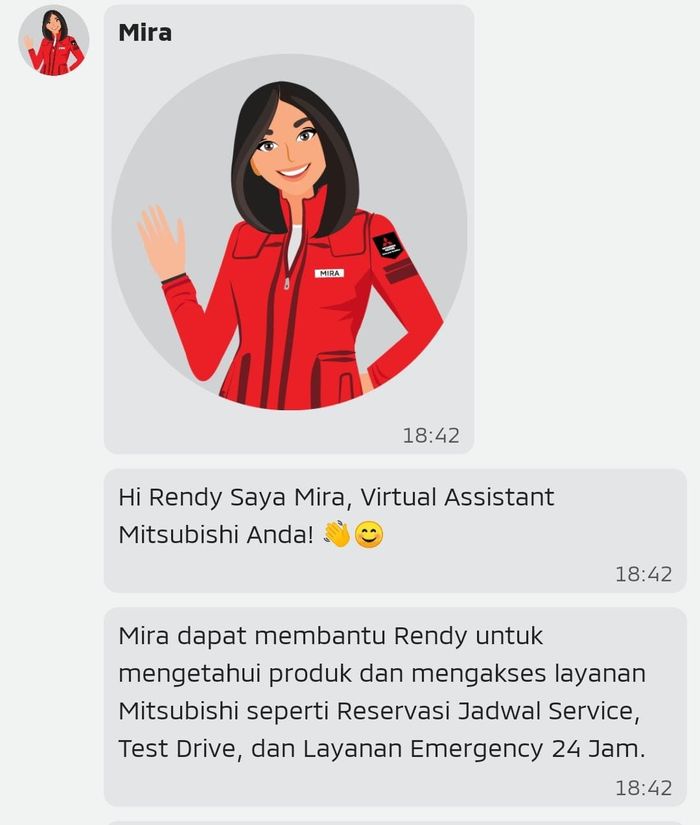 MIRA, Mitsubishi Virtual Assistant, Layanan chat yang bisa dihubungi lewat aplikasi MMID ataupun WhatApps