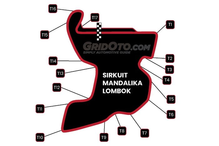 Layout sirkuit Mandalika. Punya panjang 4,3 km dan 17 tikungan.