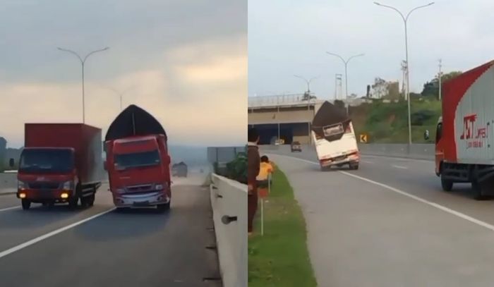 Cuplikan truk oleng yang salip kendaraan lain sambil- ugal-ugalan.