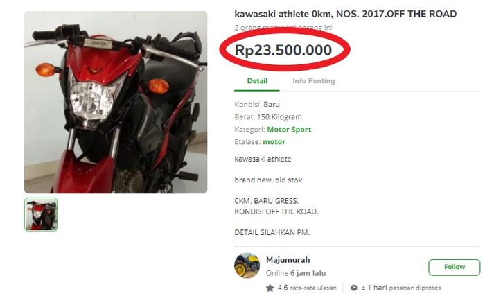 Kawasaki Athlete rakitan 2017 kondisi NOS yang dijual.