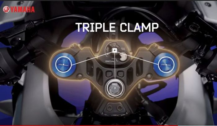 Triple Clamp R15M didesain khusus terinspirasi dari YZR-M1, dan tutup sokbrekernya biru