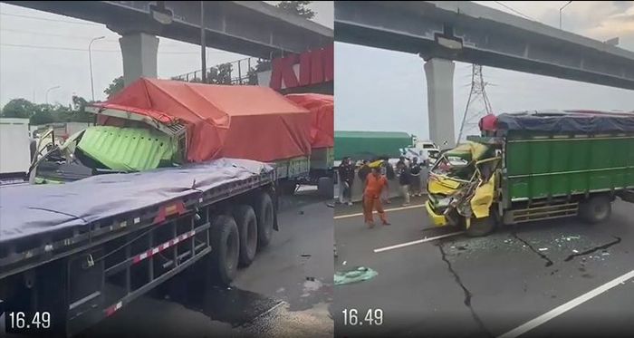 Tabrakan beruntun di Tol Cikampek yang melibatkan 5 truk, Rabu (22/12/2021).