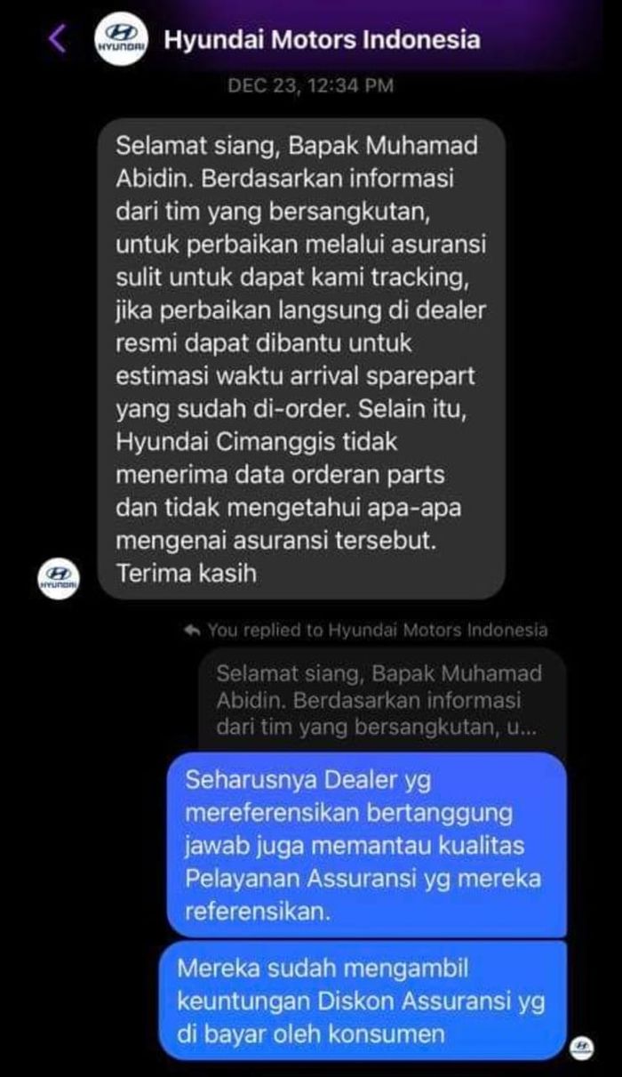 Screenshoot percakapan terakhir dengan Customer Service Hyundai Motor Indonesia