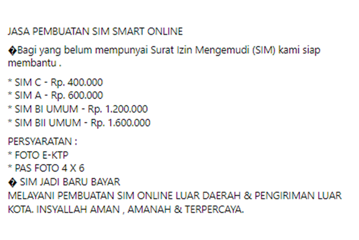 Tangkapan layar unggahan yang berisi jasa pembuatan Surat Izin Mengemudi (SIM) online dengan berbagai harga.(FACEBOOK)