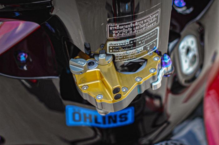 Di bagian lehernya dipasang steering damper Ohlins