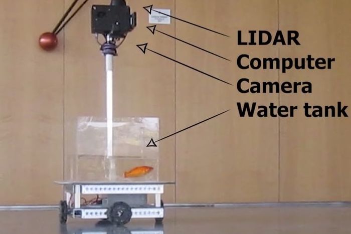 Komponen kereta robot yang memuat akuarium dan kamera pendeteksi gerakan ikan