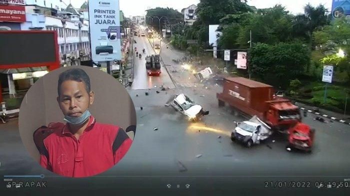 Detik-detik kecelakaan di Simpang Rapak, Balikpapan hari ini, Kamis 21 Januari 2022. Inzet: Sopir truk tronton. Berikut ini pengakuan sopir truk tronton, mulai dari awal mula kecelakaan maut di Balikpapan tabrak 6 mobil dan 14 motor 