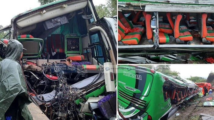 Kondisi bus Pariwisata rombongan dari Solo yang mengalami kecelakaan di Jalan Imogori, Kedungguweng, Wukirsasi, Bantul, Minggu (6/2/2022). 