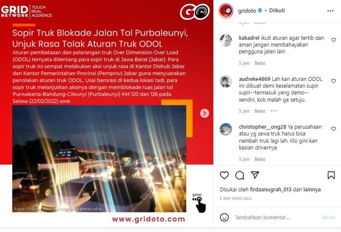 Postingan GridOto terkait Truk ODOL Blokade Tol Purbaleunyi.