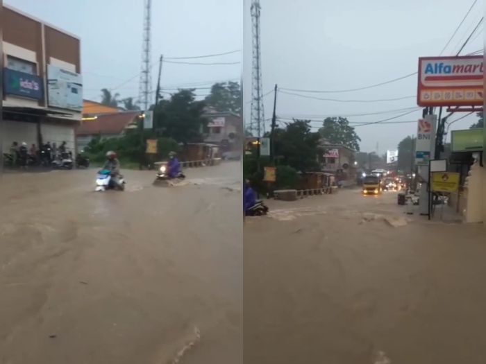 Sejumlah pemotor dan kendaraan lain nekat terobos banjir yang cukup tinggi.