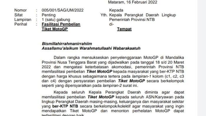 Surat Pemprov NTB yang berisi perintah untuk memfasilitasi ASN membeli tiket MotoGP di Sirkuit Mandalika, 18-20 Maret 2022. 