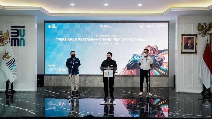 Menteri BUMN, Erick Thohir dalam konferensi pers perkembangan persiapan MotoGP 2022 Seri Pertamina Grand Prix of Indonesia di Jakarta, Minggu (6/3/2022)