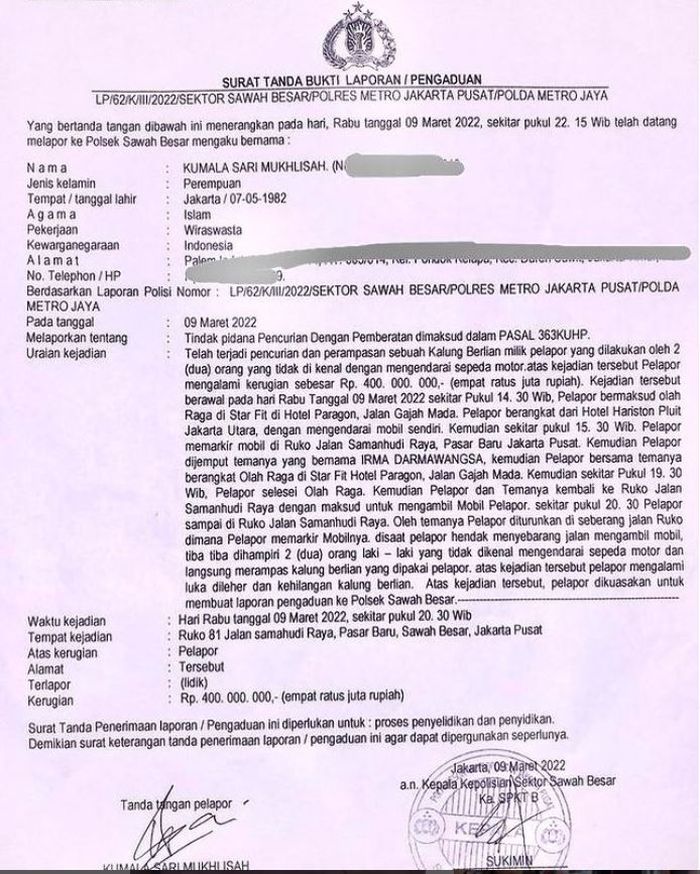 Laporan kasus pejambretan yang dialami Barbie Kumalasari