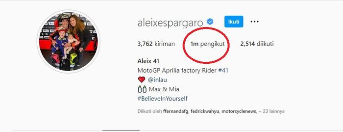Pengikut akun Instagram Aleix Espargaro sudah tembus 1 juta follower