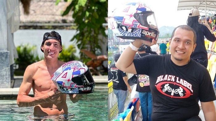 Foto (kanan) Vian, penonton MotoGP Indonesia 2022 yang mendapat helm balap KYT lemparan dari Aleix Espargaro