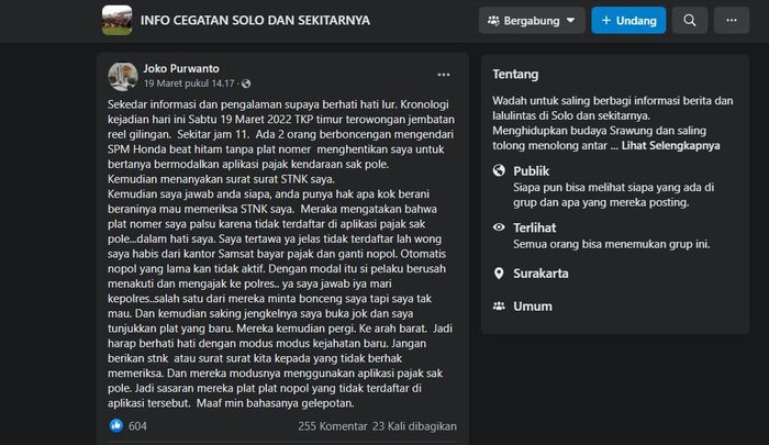 Curhatan akun Facebook Joko Purwanto yang sempat diegat oleh 2 OTK di Kota Surakarta, pada Sabtu (19/03/2022) lalu.