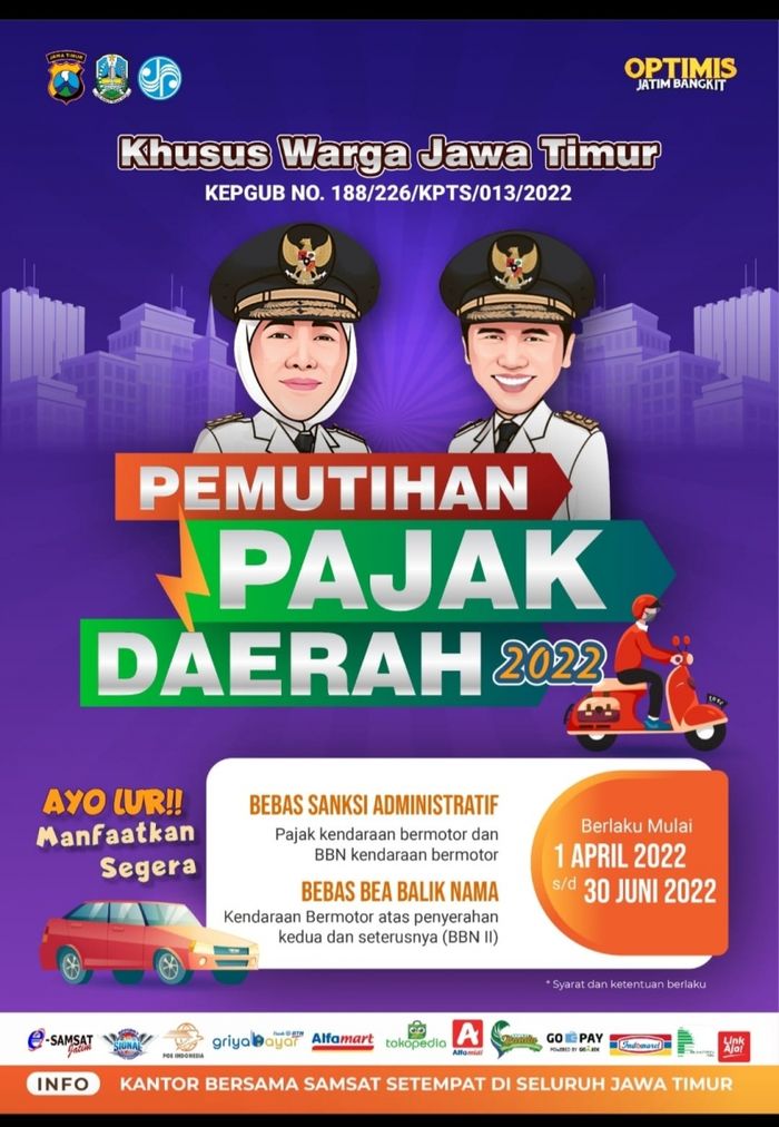 Program pemutihan pajak kendaraan Jawa Timur, bebas denda sampai gratis bea balik nama.