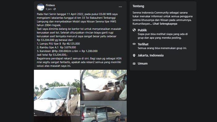 Tangkapan layar curhatan pemilik Nissan Serena yang mengalami kecelakaan tunggal di tol Bakauheni-Terbanggi Besar.