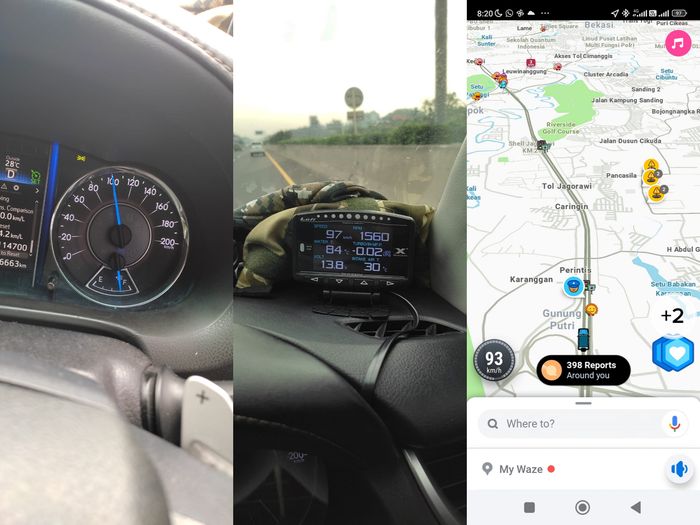 Data kecepatan Toyota Fortuner dari speedometer (kiri), panel OBD (tengah) dan aplikasi Waze (kanan).