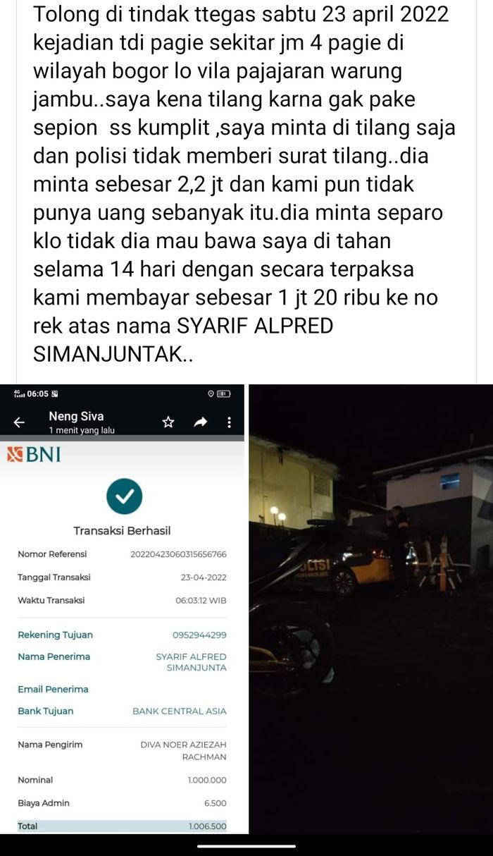 Curhatan pemotor wanita diperas oknum Polisi Rp 2,2 juta karena tak memakai spion di Vila Pajajaran, Warung Jambu, Bogor Utara, Bogor, Jawa Barat