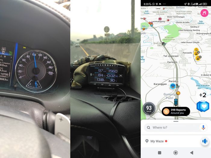 Data kecepatan Toyota Fortuner dari speedometer (kiri), panel OBD (tengah) dan aplikasi Waze (kanan).