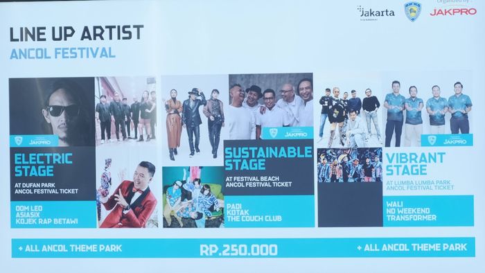 Contoh line-up artis yang akan tampil di tiga stage bagi para pemegang tiket Ancol Festivel di Formula E Jakarta nanti.