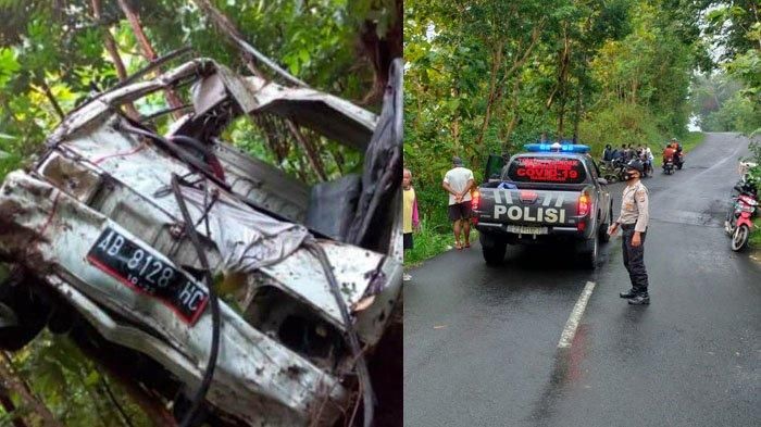 Kondisi Suzuki Carry pikap dengan nomor polisi AB 8128 HC yang terperosok ke jurang sedalam 50 meter usai terlibat laka lantas tunggal di kawasan tanjakan Bibis, Girimulyo, Kabupaten Kulon Progo (26/4/2022)