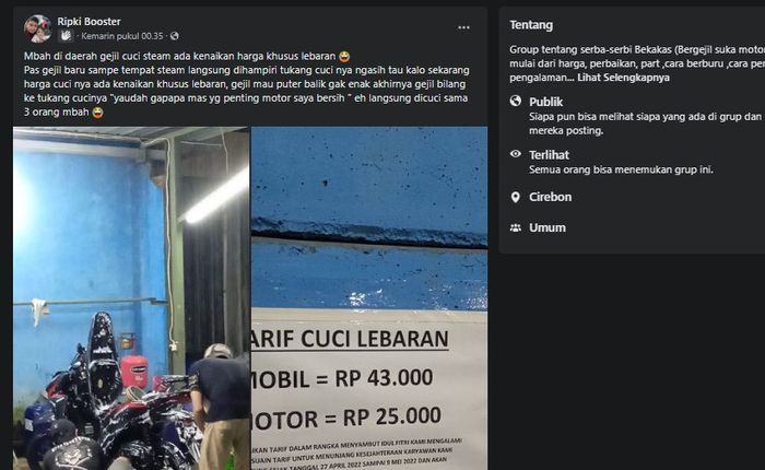 Tangkapan layar postingan pemilik Honda Vario 150 yang pasrah cuci motor dengan tarif khusus Lebaran 2022.