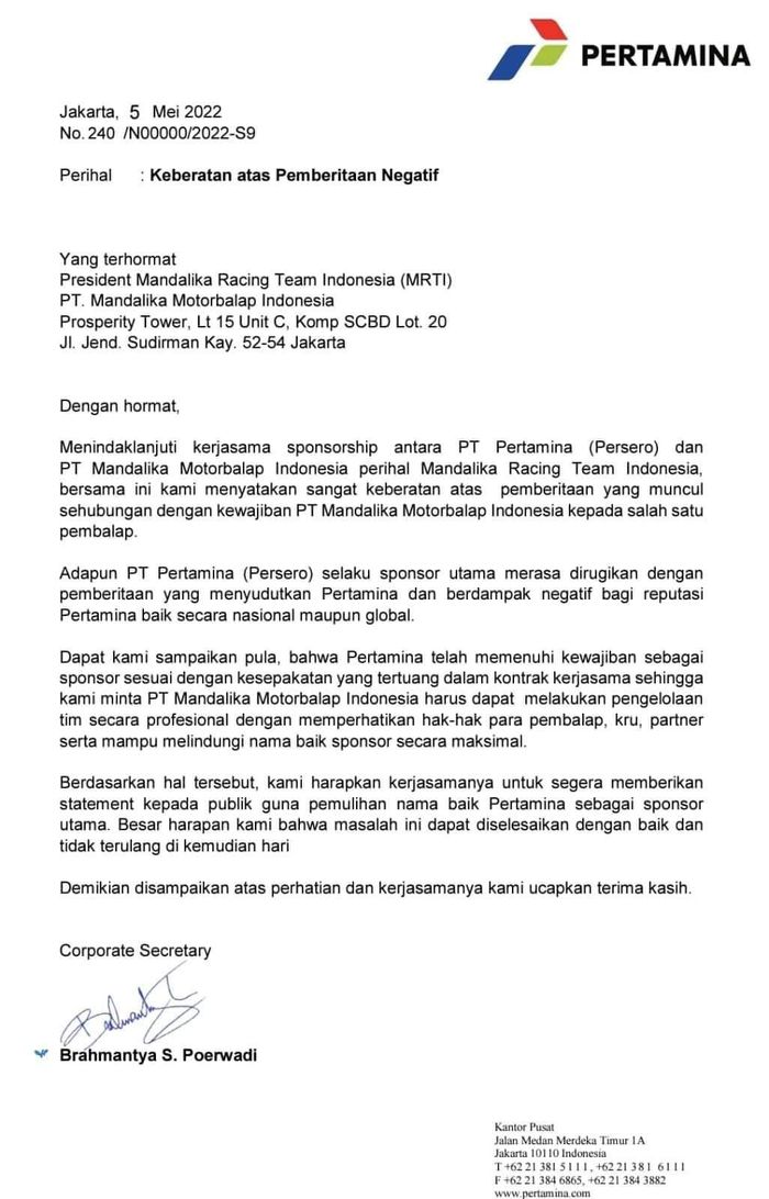 Surat keberatan PT Pertamina kepada PT Mandalika Motorbalap Indonesia