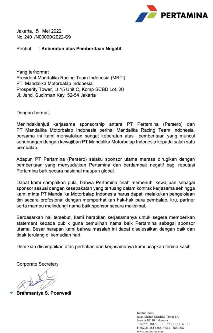 Surat keberatan terbuka dari PT Pertamina (Persero)