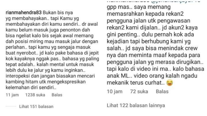 Komentar Direktur Operasional PO Haryanto, Rian Mahendra di postingan akun Instagram @dashcam_owners_indonesia
