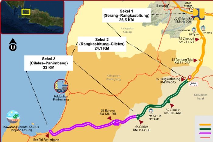 Kementerian Pekerjaan Umum dan Perumahan Rakyat (PUPR) melalui Direktorat Jenderal Bina Marga menargetkan jalan tol Serang-Panimbang sepanjang 83,67 km akan rampung pada 2024.