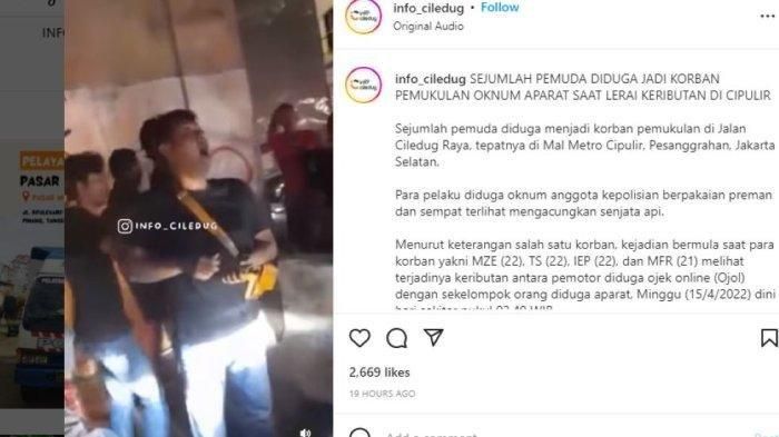 Seorang polisi berpakaian bebas yang sedang mengurai kemacetan justru terlibat perselisihan dengan sejumlah pemuda hingga mengeluarkan pistol di depan Mal Metro Cipulir, Jalan Ciledug Raya, Pesanggrahan, Jakarta Selatan, Minggu (15/5/2022) dini hari. (Instagram @Info_ciledug)