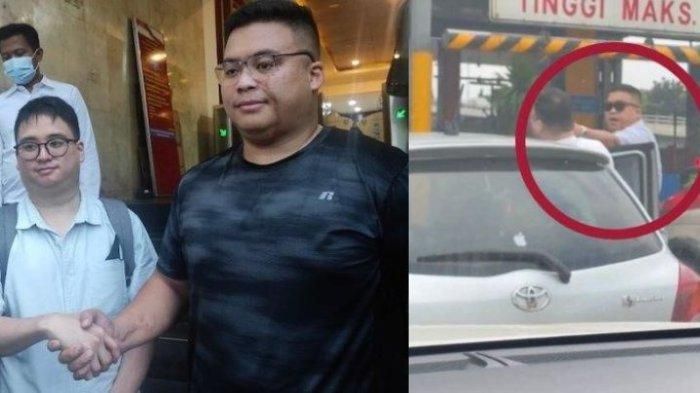 Pengemudi Yaris, Yohanes (kiri) dan pengemudi Pajero, William (kanan) berdamai dan bersalaman di Polda Metro Jaya, Senin (23/5/2022), usai video keributan keduanya viral di media sosial. 