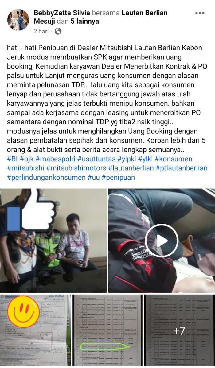 Unggahan BebbyZetta Silvia kasus penipuan di dealer Mitsubishi lautan Berlian Kebon Jeruk