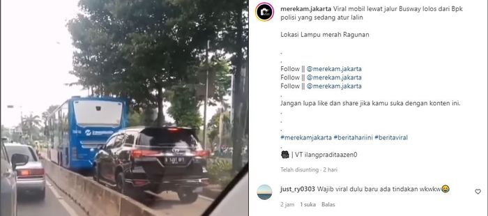 Rekaman video Toyota Fortuner nopol B 1497 RFY terobos jalur busway dan dibiarkan saja oleh Polisi