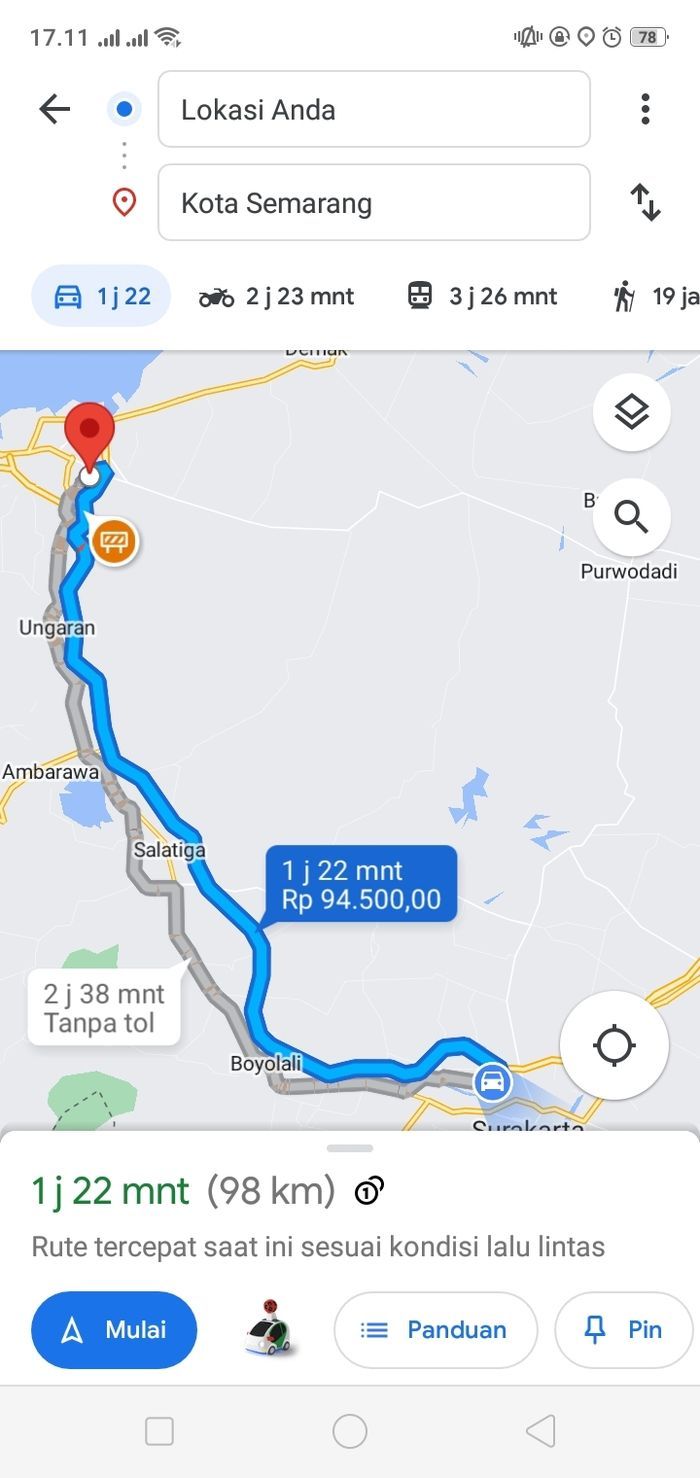 Tangkapan layar Google Maps dengan rute Solo-Semarang via tol Semarang-Solo.