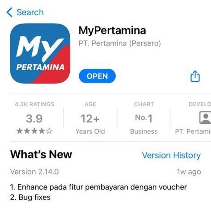 Laman aplikasi MyPertamina di AppStore untuk iPhone.