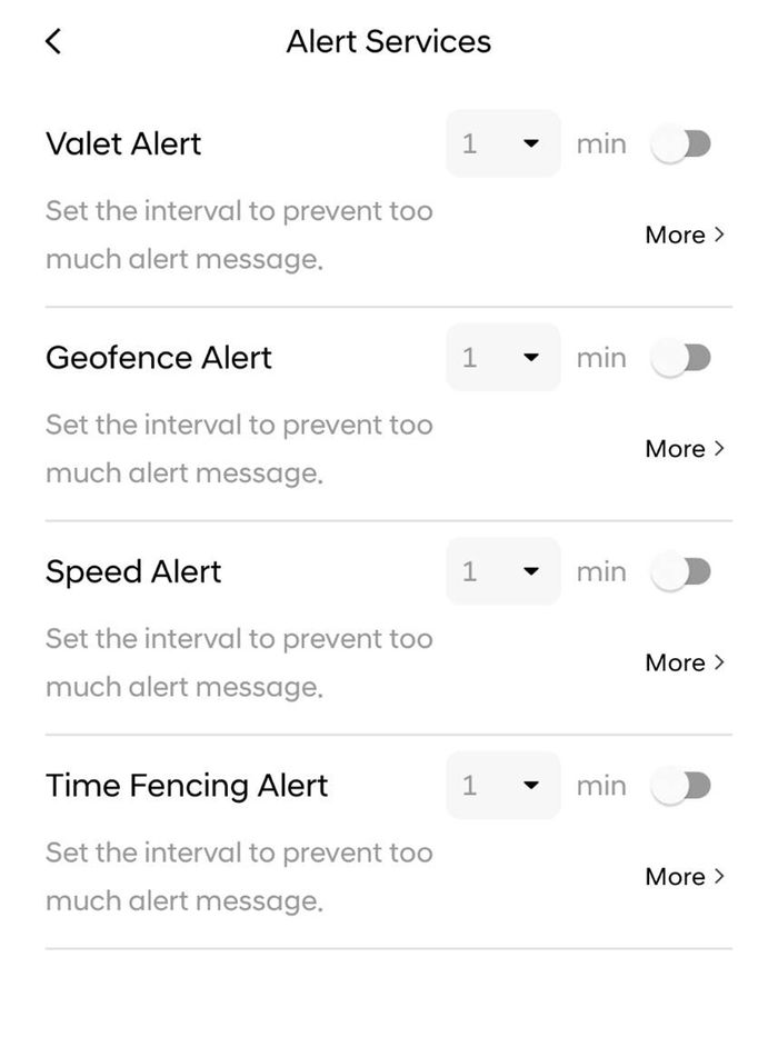 Menu Alert Services menampilkan Valet Alert, Geo-Fence Alert, Speed Alert, dan Time Fencing Alert.