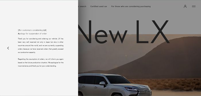 Pengumuman penundaan pemesanan di laman Lexus LX.